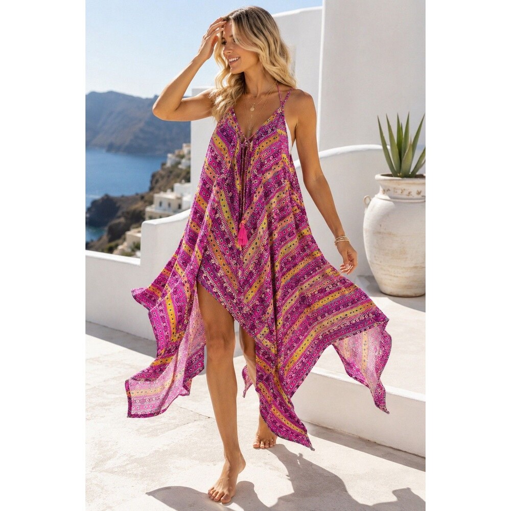 Jessica Simpson NWT Boho Handkerchief Hem Cover Up Dress Pink Tribal Size L